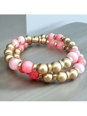 NEW 14” Elegant Handmade Pink Quartz & Gold Hematite Beaded Wrap Bracelet